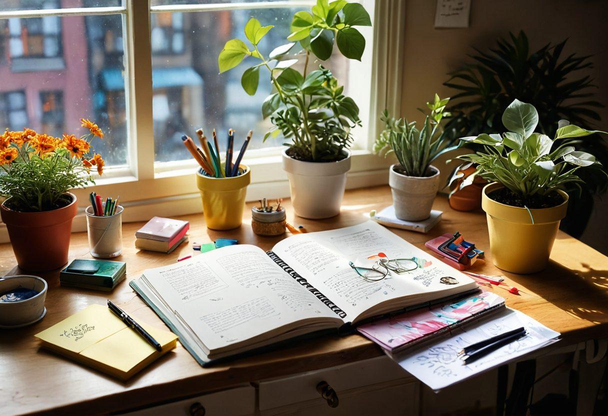 A whimsical and inviting desk scene featuring a beautifully arranged open diary with vibrant sketches and colorful notes. Surrounding it are art supplies like paints, brushes, and inspiring quotes on sticky notes, symbolizing creativity. Soft sunlight filters through a window, highlighting the creative chaos, while a potted plant adds a touch of nature. The colors should be bright and uplifting, creating an atmosphere of inspiration. super-realistic. vibrant colors. soft lighting.