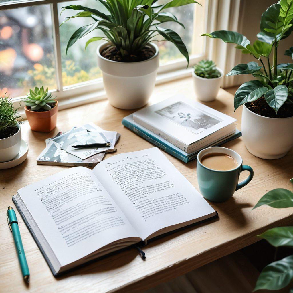 A beautifully arranged table featuring an elegant lifestyle journal with colorful pens and inspirational quotes, surrounded by plants and a cozy coffee cup. Soft natural light streaming through a nearby window, creating a warm and inviting atmosphere. Incorporate elements like a photo frame with cherished memories and a smartphone showing social media notifications. artistic style: watercolor painting. vibrant colors. soft focus.