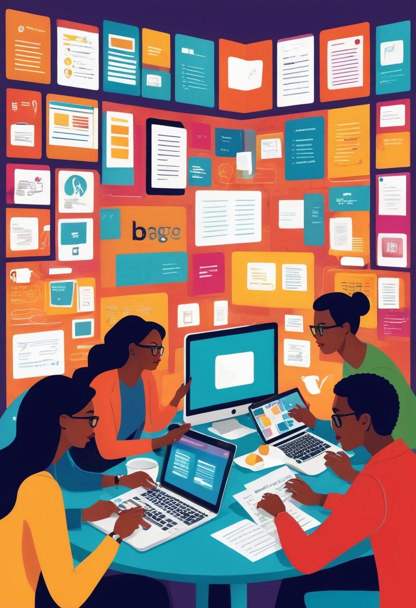 A vibrant digital community of diverse bloggers engaged in a collaborative discussion, surrounded by colorful screens displaying various blog topics. Include coffee mugs, laptops, and notes to symbolize creativity and connection. The setting should convey a warm and inviting atmosphere that showcases the essence of a thriving community. Illustrative style with a splash of bold colors that captures the energy of networking. vector art. colorful. dynamic.
